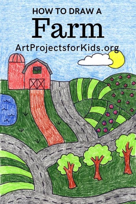 Learn how to draw a Farm with this fun and easy art project for kids. Simple step by step tutorial available. #howtodraw #farm Farming Drawing, Draw Cartoons, Farm Coloring Pages, Art Project For Kids, Art Projects For Kids, Project For Kids, Easy Art Projects, Drawing Activities, Farm Art