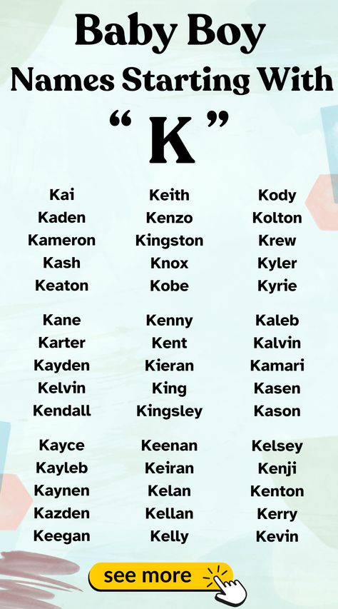 Find kind baby boy names starting with K. Perfect options for your little one.

#BabyNames  #KNames Baby Boy K Names, K Names For Boys, K Baby Names, K Boy Names, Male Names, K Names, Names For Boys List, Meaningful Baby Names