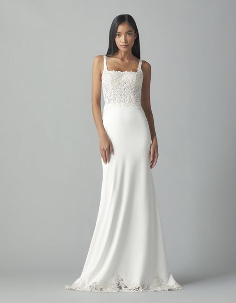 Wedding Dresses Straight Fit, Crepe Aline Wedding Dress, Hybrid Wedding Dress, Sheath Square Neck Wedding Dress, Classic Square Neck Wedding Dress, Lace Top Plain Bottom Wedding Dress, Wedding Dress Summer Outdoor, Square Neck Sheath Wedding Dress, Crepe Sheath Wedding Dress