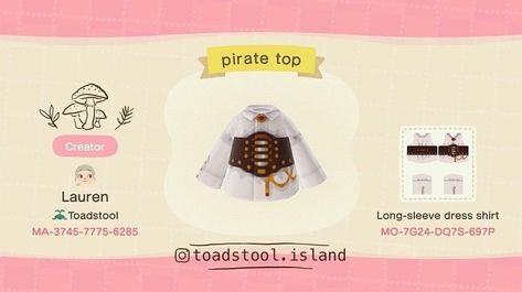 ac:nh❣️Lauren on Instagram: “🏴‍☠️Code for my pirate top. I love the little gold chain detail.✨ . . . . . . . . #animalcrossingnewhorizons #acnh #acnhdesigns…” Acnh Pirate, Utopia Ideas, Acnh Rooms, Animal Crossing Town Tune, Acnh Fashion, Instagram Code, Pirate Shirt, Animals Crossing, Pirate Outfit