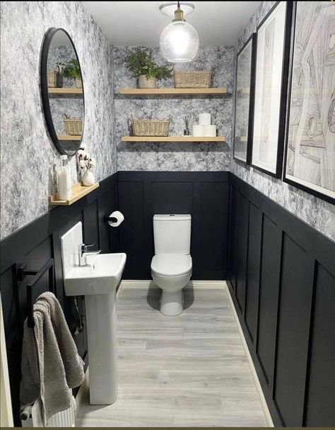 Downstairs Wc, Small Downstairs Toilet, Cloakroom Toilet, Toilet Ideas, Half Bathroom Decor, Downstairs Cloakroom, Toilet Decor, Toilet Room Decor, Bathroom Paneling