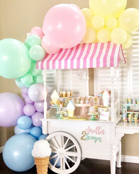 Bizzie Bee Creations 🐝 on Instagram: “Jiselle’s 2 SCOOPS Ice Cream Cart designed by @bizziebeecreations || Cart by Bizzie Bee Creations || Balloon Garland by @creativeballons_…” Ice Cream Cart Balloon Garland, Ice Cream Dessert Table, Candy Cart Balloon Garland, Dessert Cart With Balloons, Ice Cream Cart Birthday, Ice Cream Cart Design, Quran Khatam, Ice Cream Social Birthday Party, Kingdom Builders