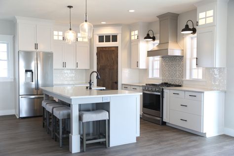 White Modern Farmhouse Kitchen, Corner Kitchen Layout, Corner Kitchen Pantry, Budget Farmhouse, Kitchen Tour, Corner Pantry, Island Kitchen, Up House, Our New Home