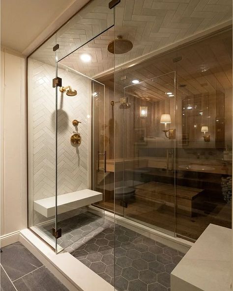 A space designed to awaken your senses, combining the allure of a shower and sauna escape. Via boldtile.com | Instagram Sauna Shower Room, Steam Room Shower Combo, Sauna Steam Shower Combo, Sauna In Shower Room, Sauna And Bathroom Combo, Sauna Steam Room Design, Shower And Sauna Combo, Steam Shower Ideas Master Bath Wet Rooms, Sauna Cold Plunge Room