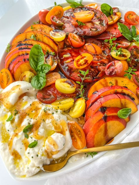 Burrata Tomato, The Modern Nonna, Modern Nonna, Burrata Salad, Juicy Peach, Burrata Cheese, Peach Salad, Juicy Tomatoes, Tomato Salad