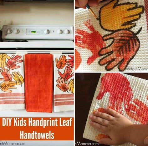 What a great craft idea - hand print leaves tea towel!... - Sustain My Craft Habit - Clever DIY, Crafts & Upcycling Ideas Handprint Leaf, Fall Crafts For Toddlers, Tea Towels Diy, Keepsake Crafts, Diy Towels, Thanksgiving Preschool, Baby Handprint, Toddler Fall, Towel Crafts