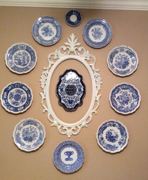 Blue, white and beige Blue And White Plates, Blue Dishes, Blue White Decor, Plate Wall Decor, Blue Transferware, Shabby Chic Bedroom, Plate Wall, Plate Decor, White Dishes