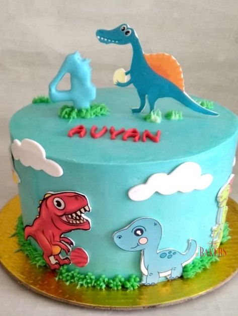 A dinosaur theme cake for 4 year old Avyan 4 Year Boy Birthday Cake, Cakes For 4 Year Boy, Cake Designs For 4 Year Boy, Cake For 4 Year Boy, Birthday Cake For Brother, Toddler Boy Birthday, Cake Designs For Boy, Cake Designs For Kids, Dinosaur Birthday Cakes