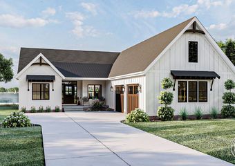 One Story Modern Farmhouse | Fitzgerald House With Garage On Side Layout, House Plans With Courtyard Garage, L Shape House Design, House Plans With Courtyard, Home Layout Plans, L Shaped House Plans, Courtyard Garage, Board And Batten Exterior, L Shaped House