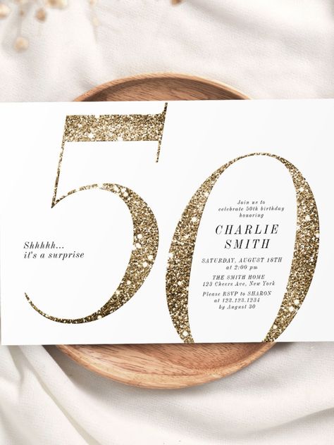 Modern minimalist faux gold glitter 50th birthday invitation #birthday #happybirthday #birthdaycards #birthdayparty #50thbirthday #fiftybirthday #turningfifty #elegant Invitation Card Design 50 Birthday, Minimalistic Birthday Invitation, White And Gold Invitation Card, 50 Birthday Invitation For Women, 50th Birthday Invitations For Women, 50th Birthday Invite, 50th Birthday Themes, Milestone Birthday Invitations, 50th Anniversary Invitations