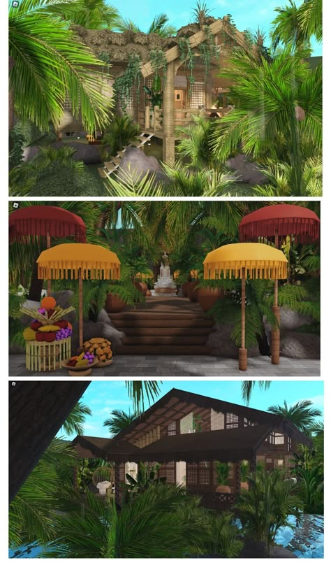 Hawaiian Bloxburg House, Bloxburg Vacation House Ideas, Bloxburg Resteraunt, Tropical Bloxburg House Ideas, Really Detailed Bloxburg Builds, Bloxburg House Ideas Tropical, Spring Bloxburg House, Bloxburg Tropical House, Tropical Bloxburg House