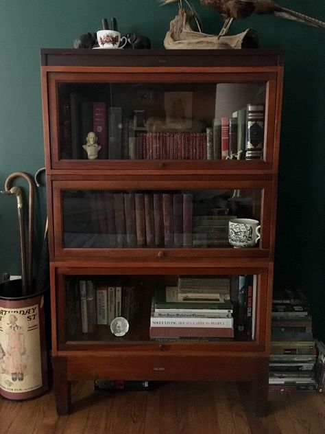 Cute Book Nightstand, Old Bookcase Aesthetic, Dark Wooden Bookshelf, Dark Academia Bookcase, Barrister Bookcase Styling, Hutch In Bedroom, Moody Bookshelf, Bookshelves Unique, Dark Wood Bookshelves