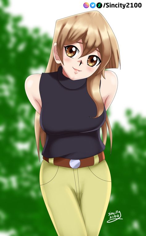 Safebooru - 1girl arms behind back belt black shirt blonde hair blush deviantart username hair between eyes leaning forward lipstick long hair looking at viewer pants sincity2100 sleeveless turtleneck smile tenjouin asuka tree turtleneck yellow eyes yu-gi-oh! yuu-gi-ou yuu-gi-ou gx | 4129504 Shirt Blonde Hair, Alexis Rhodes, Yu Gi Oh Gx, Sleeveless Turtleneck, Yellow Eyes, Picture Search, Belt Black, Yu Gi Oh, Manga Pictures