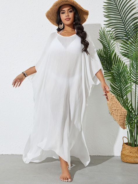 Plus Solid Batwing Sleeve Cover Up Dress Without Bikini | SHEIN USA White Bikinis, Womens Kimono, Cover Ups, Cover Up Dress, Batwing Sleeve, White Collar, Bat Wings, Three Quarter, Plus Clothing