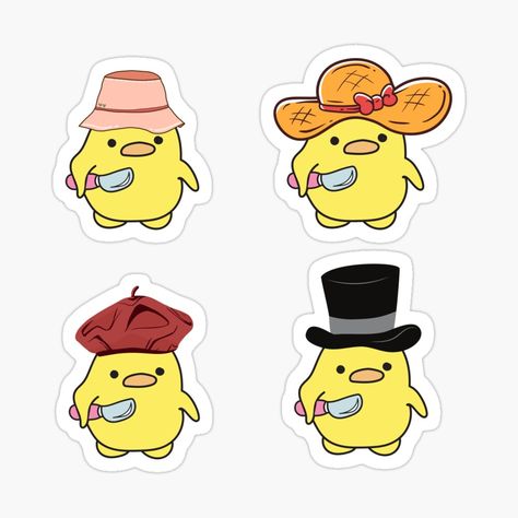 Duck with a Knife Stickers: The Hilarious Second Edition! 🦆🔪 Get ready to double the laughter and excitement with our newest meme-inspired Duck with a Knife stickers, now featuring many different hats! This comical character is back and more versatile than ever, taking on various roles that will leave you in stitches. Duck Holding Knife, Duck With Knife, Different Hats, Ducks, Comics, Hats, Memes, Quick Saves, Kawaii