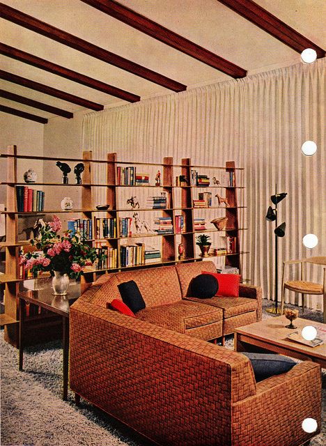 Fantastic room divider - Mid Century Modern, 1956 edition, Better Homes & Gardens Decorating Book. Living Room With Tv, Mid Century Room Divider, Room With Tv, Bamboo Room Divider, Mid Century Interior, Retro Interior Design, Mid Century Living, Casa Vintage, Mid Century Modern Living