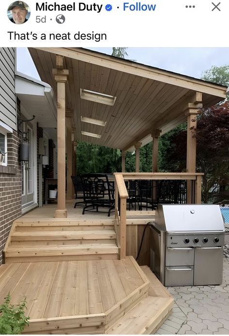 Deck Off Back Of House Covered, Front Deck With Roof, Decks With Roof Ideas, Roof On Deck Ideas, Covered Decks Designs, Tin Roof Porch Covered Decks, Deck To Front Door, Covered Pergola On Deck, Cover Back Deck Ideas