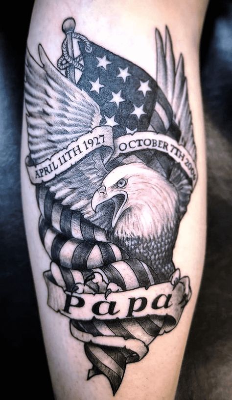 Southern Mens Tattoos, Rip Grandpa Tattoo For Men, Veterans Memorial Tattoos, Eagle Remembrance Tattoo, Army Remembrance Tattoos, Marine Memorial Tattoo Grandpa, Veteran Tattoo Grandpa, Usmc Memorial Tattoo, Small Memorial Tattoos Grandparents Men