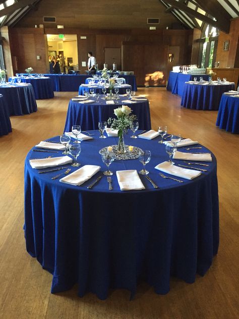 Royal Blue Round Table, Royal Blue Tablecloth, Midnight Blue Table Cloth, Red And Navy Blue Wedding Centerpieces, Navy Chair Covers Wedding, Royal Blue Tablescape, Royal Blue And White Decorations Party, Royal Blue And Silver Table Settings, Royal Blue And Silver Table Decorations