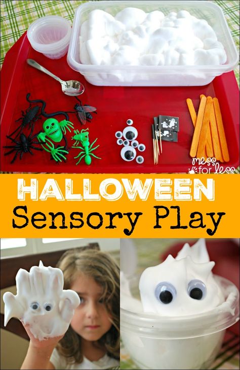 Halloween Sensory Play - Shaving cream and Halloween toys provide a fun sensory… Halloween Sensory Play, Halloween Theme Preschool, Baked Tortellini, Halloween Bark, Halloween Sensory, Halloween Activity, Halloween Preschool, Halloween Activities For Kids, Halloween Toys