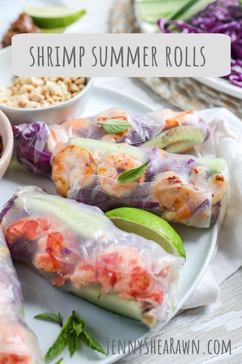 An image of shrimp and lobster fresh summer rolls on a white plate with lime wedges. Rice Paper Rolls Recipes, Shrimp Summer Rolls, Vietnamese Summer Rolls, Rice Paper Recipes, Rice Wraps, Shrimp Rolls, Spicy Peanut Sauce, Mango Avocado, Rice Paper Rolls