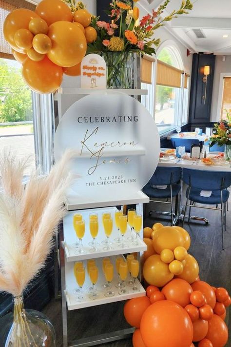 Mimosa Party Ideas, Mimosas Party Ideas, Brunch Party Theme Ideas, Mimosas Bar, Mimosa Bar Baby Shower Ideas, Momosa Bar Baby Shower Ideas, Mimosa Cart, Baby Shower Mimosa Bar, Baby Shower Bar