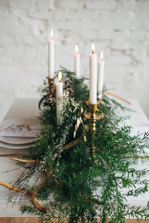 Winter Wedding Table Settings: Greenery & Natural Elements Winter Wedding Floral Decor, Winter Table Scape, Asparagus Fern Wedding, Winter Boho Wedding, Candlelit Table, Scandinavian Wedding, Decoration Plants, Nordic Wedding, Winter Wedding Table