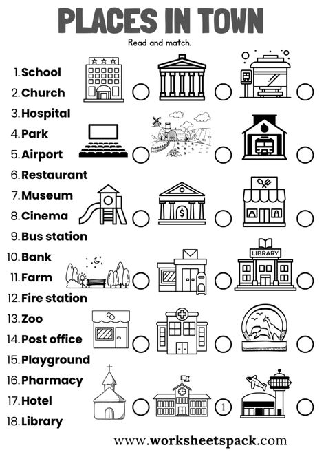 Places in Town Worksheets - worksheetspack Esl Places In Town, In Front Of Behind Between Worksheet, Esl Vocabulary Worksheets, Community Places Worksheets, My Town Activities, In On Under, Place Worksheet, City Activities, Places In The Community