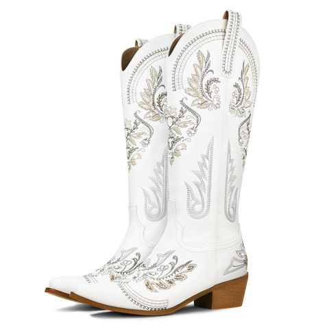 PRICES MAY VARY. 【Classic Style】These Cowboy Boots For Women feature classic embroidery and sparkling rhinestones, along with an almond-shaped toe, giving them a timeless and elegant look. 【All-Day Comfort】The soft synthetic lining wicks away moisture, providing a comfortable and cushioned feel all day long. The flexible rubber outsole of the white cowboy boots women allows for comfortable movement. 【Convenient Design】With a heel height of 1.97 inches, these tall cowgirl boots offer a convenient White Cowboy Boots Women, Quince Shoes, Cowgirl Boots For Women, Embroidered Cowgirl Boots, Tall Cowgirl Boots, Mexican Boots, Classic Embroidery, White Cowboy Boots, Rhinestone Fashion