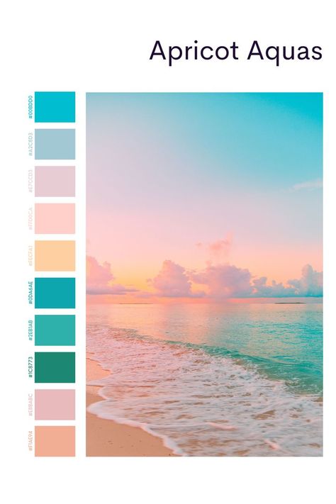 Apricot Aquas colour palette Aqua Color Schemes, Beachy Color Palette, Aqua Color Palette, Beach Color Palettes, Modern Decor Ideas, Pastel Beach, Color Schemes Colour Palettes, Sea Colour, Boho Room Decor