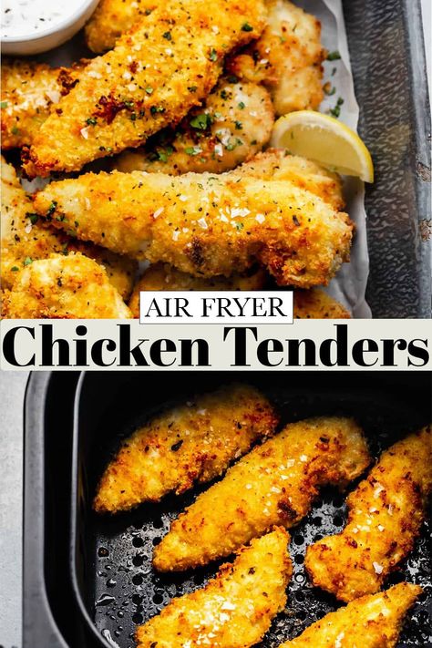 Air Fried Chicken Tenders cook up golden & crispy on the outside, but juicy inside. The best part is they can be made in under 20 minutes with just 6-ingredients. A parmesan breadcrumb coating makes them extra delicious. // healthy // keto // how to // best // how long to Best Way To Cook Chicken, Air Fryer Recipes Meat, Best Air Fryer Chicken, Air Fried Chicken Tenders, Way To Cook Chicken, Air Fryer Chicken Tenders, The Best Air Fryer, Fried Chicken Tenders, Ways To Cook Chicken