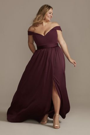 Off-Shoulder Crepe Charmeuse Bridesmaid Dress | David's Bridal Matron Of Honor Dresses Plus Size, Officiant Dress, Plus Size Maid Of Honor Dress, Curvy Bridesmaid Dresses, Eggplant Bridesmaid Dresses, Charmeuse Bridesmaid Dress, Winter Bridesmaid, Maroon Bridesmaid, Wine Bridesmaid Dresses