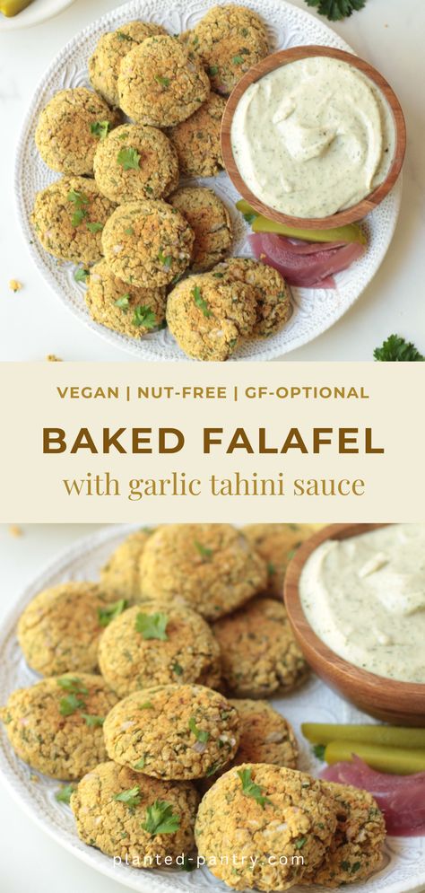 This quick and easy Baked Falafel with Garlic Tahini Sauce is made in under 30 minutes with basic ingredients. This recipe is vegan, nut-free, and easy to make gluten-free too! Garlic Tahini Sauce, Oil Free Vegan Recipes, Refined Sugar Free Recipes, Baked Falafel, Gluten Free Bread Crumbs, Falafel Recipe, Nut Free Recipes, Vegan Sides, Vegan Main Dishes