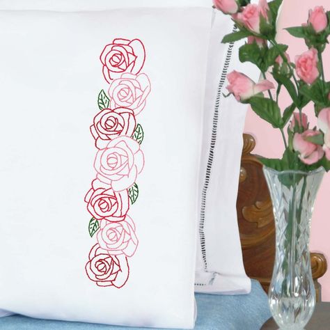 Perle Edge Pillowcases | Jack Dempsey Needle Art Stamped Embroidery Kit, Jack Dempsey, Decorative Hand Towels, Red And Pink Roses, Cross Stitch Supplies, Garden Rose, Red Heart Yarn, Rose Lace, Paintbox Yarn