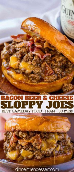 Bacon, Beer and Cheese Sloppy Joes are the perfect gameday food for a crowd with a Guinness sauce and sharp cheddar cheese filling. #bacon #beer #cheese #sloppyjoes #dinnerthendessert #weeknightmeals #gameday Dinner Recipes To Change It Up, Cheese Sloppy Joes, Comfy Food, Beer Bacon, Grab Food, Sloppy Joes Recipe, Beer Cheese, Slider Recipes, Sloppy Joe