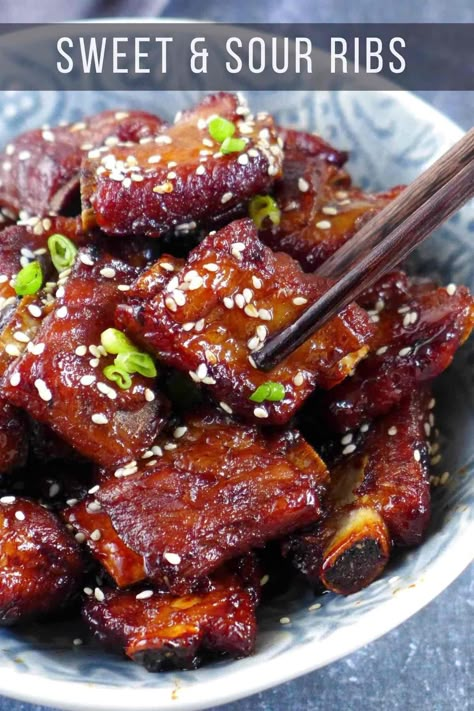 Sweet and Sour Ribs (Tang Cu Pai Gu, 糖醋排骨) Sweet And Sour Spare Ribs, Sweet And Sour Ribs, Chinese Pork Recipes, Spare Ribs Recipe, Asian Pork, Authentic Chinese Recipes, Pork Rib Recipes, Chinese Cooking Recipes, Tofu Dishes