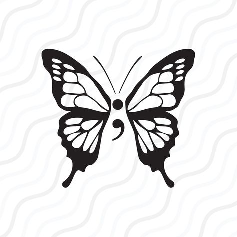 Semicolon Butterfly SVG Mental Health Awareness SVG Cut Table - Etsy Philippines Little Butterfly Drawing, Butterfly And Semicolon, Butterfly And Semicolon Tattoo, Butterfly With Semicolon, Big Butterfly Tattoo, Butterfly Semicolon Tattoo, Semi Colon Butterfly, Adorable Tattoos, Butterfly Tattoo Stencil