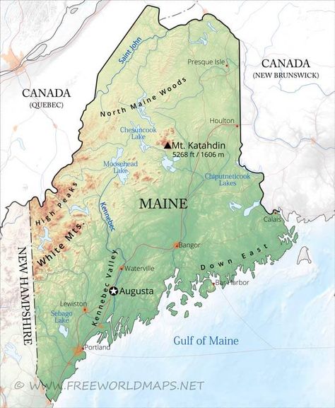 Maine map Trip To Maine, Maine National Park, Map Of Maine, State Of Maine Outline, Maine Map Art, New Brunswick Canada, Maine Map, East Coast Style, Physical Map