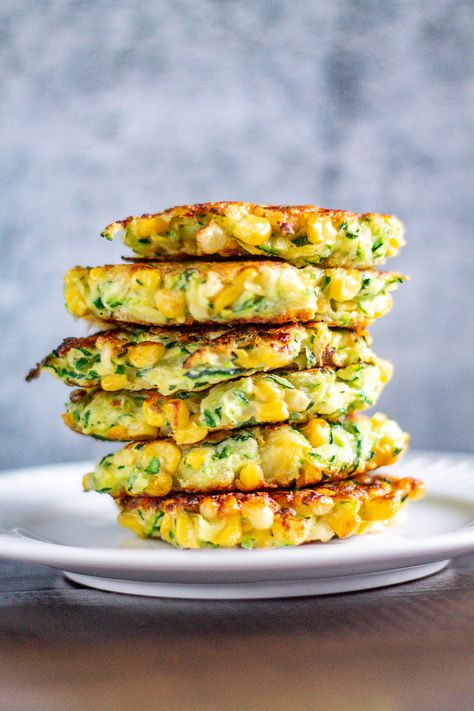 Zucchini and Corn Fritters Zucchini And Corn Fritters, Zucchini Zoodles, Zucchini Corn Fritters, Corn Fritter Recipes, Zucchini Corn, Veggie Meals, Savory Pancakes, Corn Fritters, Zucchini Fritters