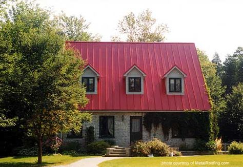 metal roof material - aluminum is lightweight and a popular choice Red Metal Roof, Residential Metal Roofing, Roofing Repair, Tin Roofing, Glass Roofing, Roofing Styles, Metal Roof Panels, Roofing Colors, Red Roof House