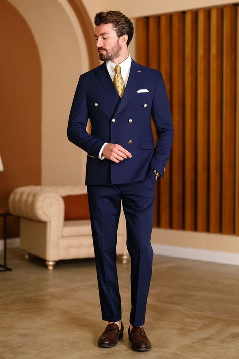 Redefined opulence in our VIOSSI's Navy Double Breasted Suit 2-Piece combines power and sophistication. With a 6-button double-breasted blazer adorned with assertive peak lapels, this ensemble elevates your presence and style, offering a commanding yet refined look for any occasion. #navydblbreastedsuit #6buttonblazer #peaklapels #mensfashion #formalattire #sartorialpower #distinctiveensemble #sophisticatedstyle #tailoredprecision Wedding Suits Men Tuxedo, Navy Double Breasted Suit, 2 Piece Suit For Men, Navy Blue Suit Men, Suits For Guys, Double Breasted Suit Men, Suit Styles, Double Breasted Tuxedo, Suit Stores