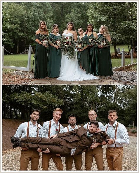 Green Bridesmaid Brown Groomsmen, Woodland Green Wedding, Woodland Wedding Groom Attire, Brown And Green Bridal Party, Wedding Color Schemes Olive Green, Forest Green Champagne Wedding, Bridal Party Forest Green, Forest Green Bridesmaid Dresses With Groomsmen, Forest Wedding Aesthetic Bridesmaids