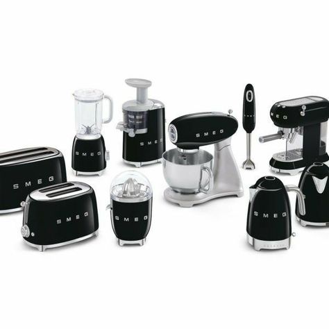 Smeg Black Appliances, Smeg Appliances Black, Black Smeg Appliances In Kitchen, Black Smeg Kitchen, Smeg Kitchen Ideas, Black Kitchen Appliances, Smeg Black, Black Smeg, Smeg Kitchen Appliances