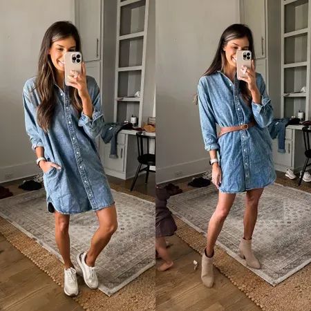 Chambray Shirt Outfit Fall, Chambray Shirt Outfit, Chambray Shirt Outfits, Autumn Shirt Outfit, Long Denim Shirt, Denim Chambray Dress, Midsize Outfits, Shirt Dress Outfit, Chambray Shirt Dress