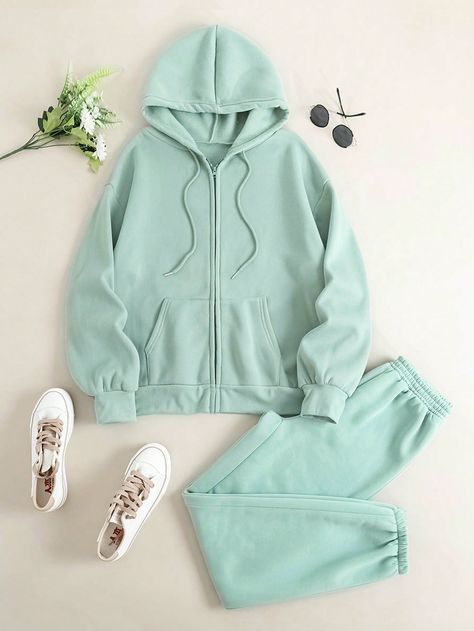 Solid Zip Up Drawstring Thermal Lined Hoodie & SweatpantsI discovered amazing products on SHEIN.com, come check them out! Lined Hoodie, Hoodie And Sweatpants, Amazing Products, Mint Green, Women Clothing, Sweat Shirt, Zip Ups, Sweatpants, Two Piece