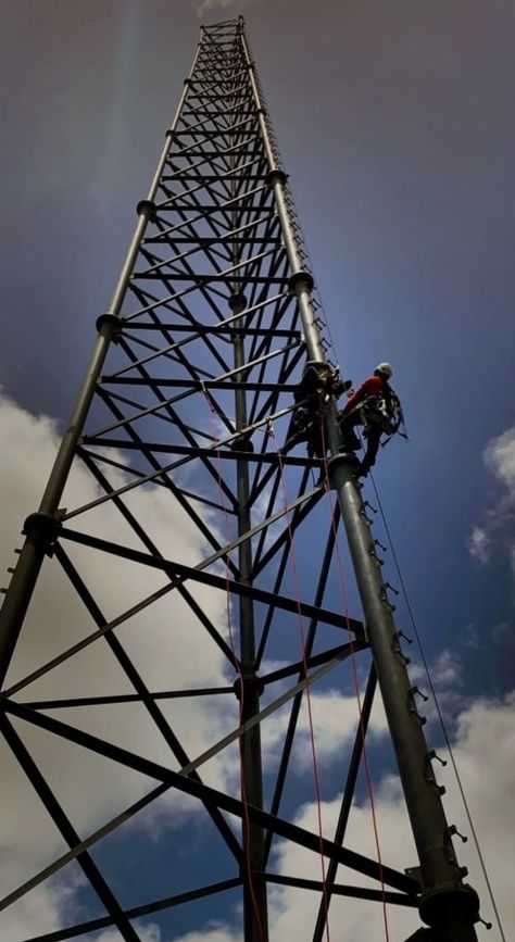 Tower climber Tower Climber Tattoos, Tower Climber, Transmission Tower, Abseiling, Cell Tower, Climbing Frame, Morning Sky, Work Tools, Backyard Play