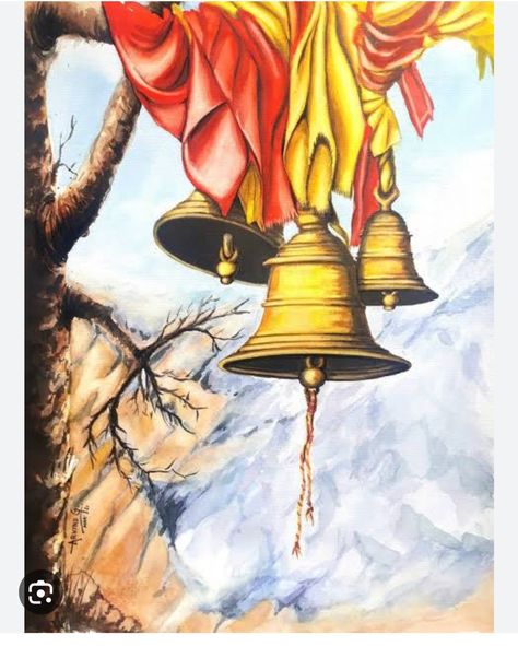 Uttarakhand Culture Painting, Temple Bells Painting, Marriage Symbol, Photorealism Art, Temple Bells, Kalamkari Painting, Painting Reference, Art Watercolor Painting, Female Art Painting