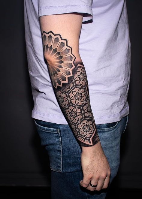 Geometric Tattoo Design Pattern Mandalas, Mandala Hand Tattoo Men, Geometric Tattoo Elbow, Geometric Mandala Tattoo Men, Geometric Tattoo Designs Men Arm, Geometric Armband Tattoo, Geometric Hand Tattoo, Geometric Tattoo Design Pattern, Mandala Hand Tattoo