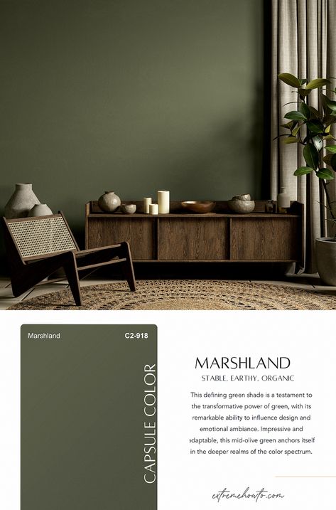 C2 Marshland is a defining green shade that serves as a testament to the transformative power of green, with its remarkable ability to influence both design and emotional ambiance. It’s an impressive, adaptable, mid-olive green that anchors itself in the deeper realms of the color spectrum. Earthy, stable, and organic, its subtle undertone of muted yellow gives it an animated vibrancy, ensuring it never appears dull but exudes a luminous, life-affirming vitality. Wall Color Inspiration, Paint Color Of The Year, Creative Wall Painting Ideas, Faux Finishes For Walls, Olive Green Bedrooms, Olive Green Paints, Moody Home, Moody Home Decor, Color Of The Year 2024