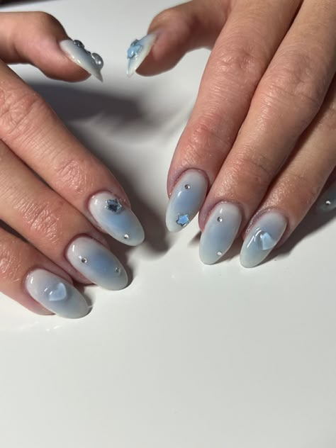 nail inspo gel x acrylic summer nails winter nails spring nails fall nails nail art Blush Blue Nails, Korean Blush Nails Blue, Newjeans Inspired Nails, Blue Blush Nails, Easy Blue Nails, Blushing Nails, Blue Korean Nails, Blue Pearl Nails, Alaska Nails